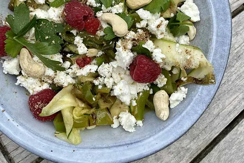 Assiette printaniere aux framboises du jardin. Salade composée et complète de saison